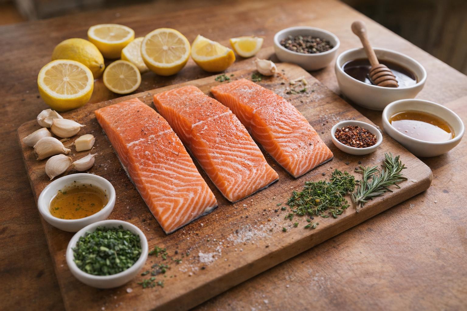Top-down view of raw salmon fillets laid out on a wooden cutting board, surrounded by various marinade ingredients: lemons, garlic cloves, soy sauce, honey, fresh herbs, and spices, all arranged in a visually appealing manner.